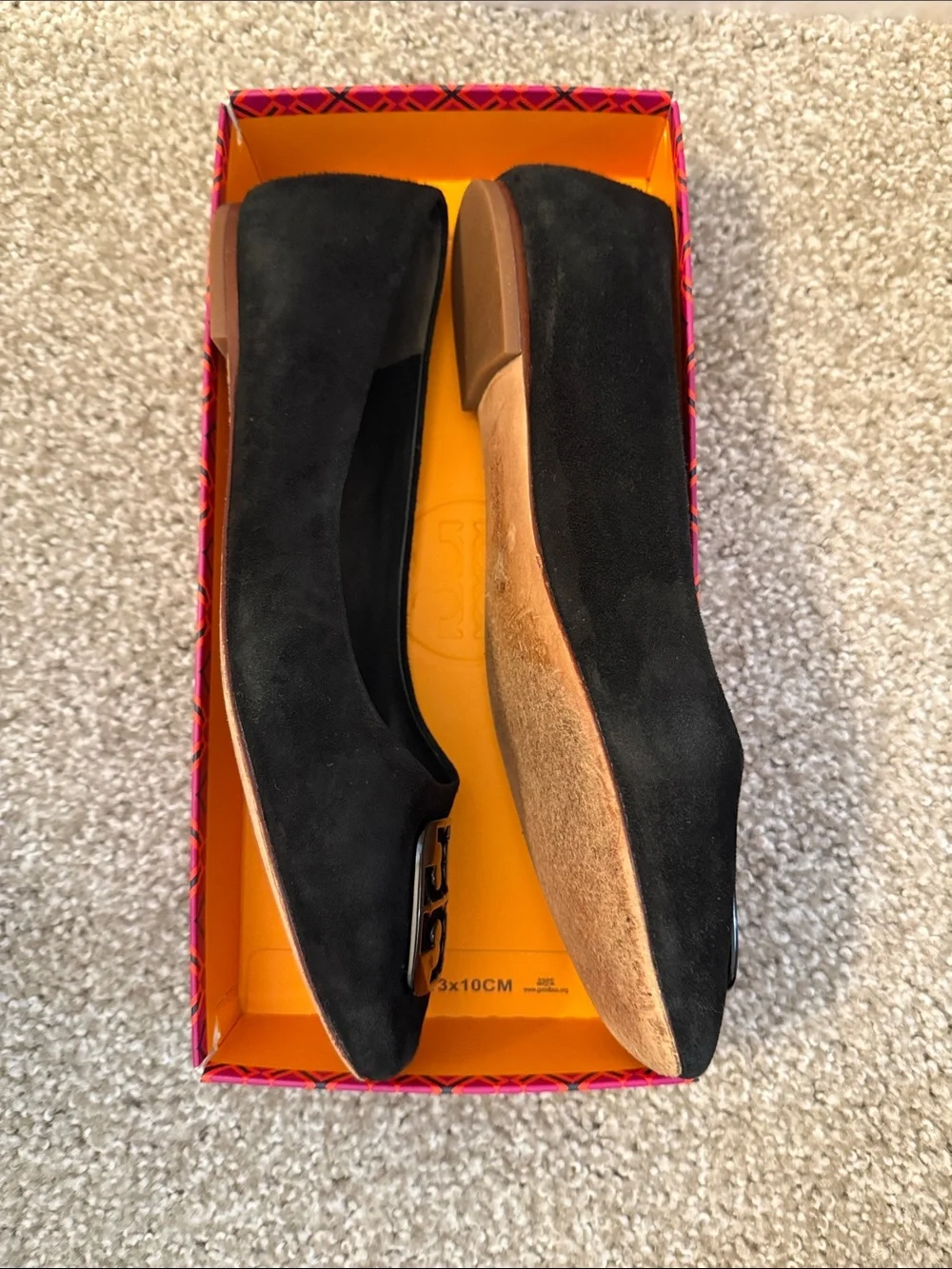 Tory Burch Black Suede Logo Square-Toe Ballet Flats